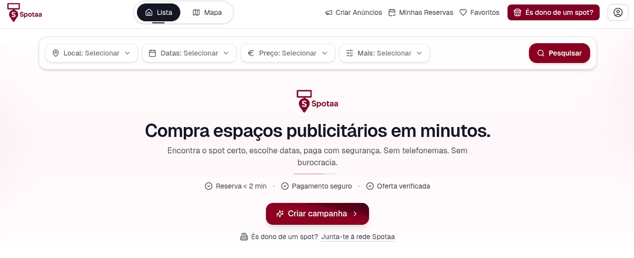 Captura da homepage da plataforma de publicidade exterior spotaa.eu